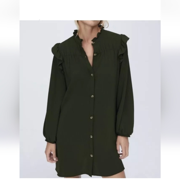 Zara Womens Oversized Xs Dark Green Ruffled Button-Up Dress - Picture 1 of 15